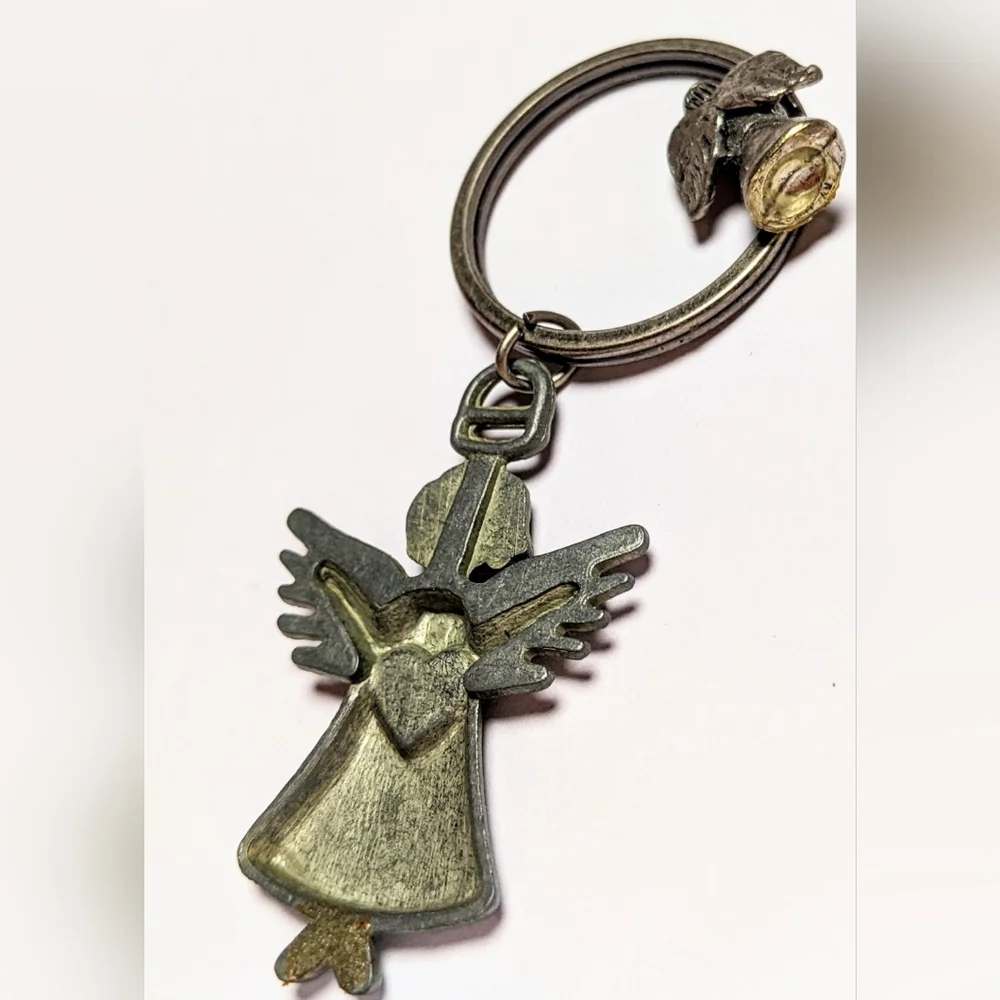 Vtg Pewter Angel Keychain with Red Heart + Ganz angel Nano figurine 1950s